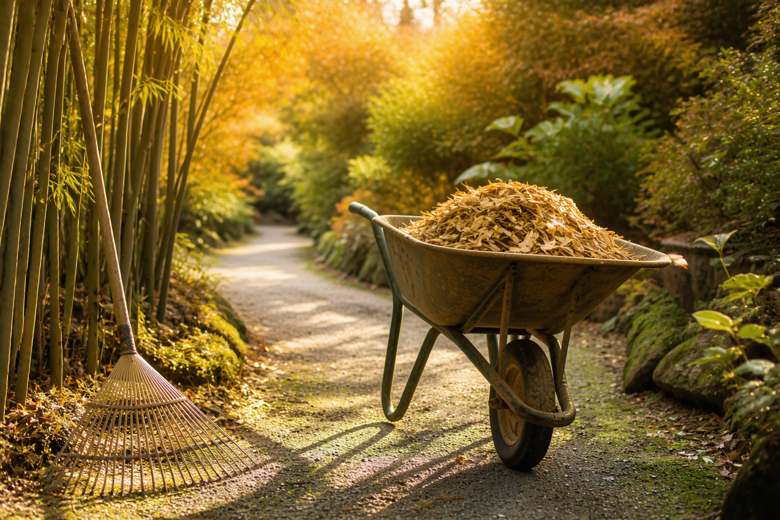 A wheelbarrow full of freshly raked bamboo leaves for mulch