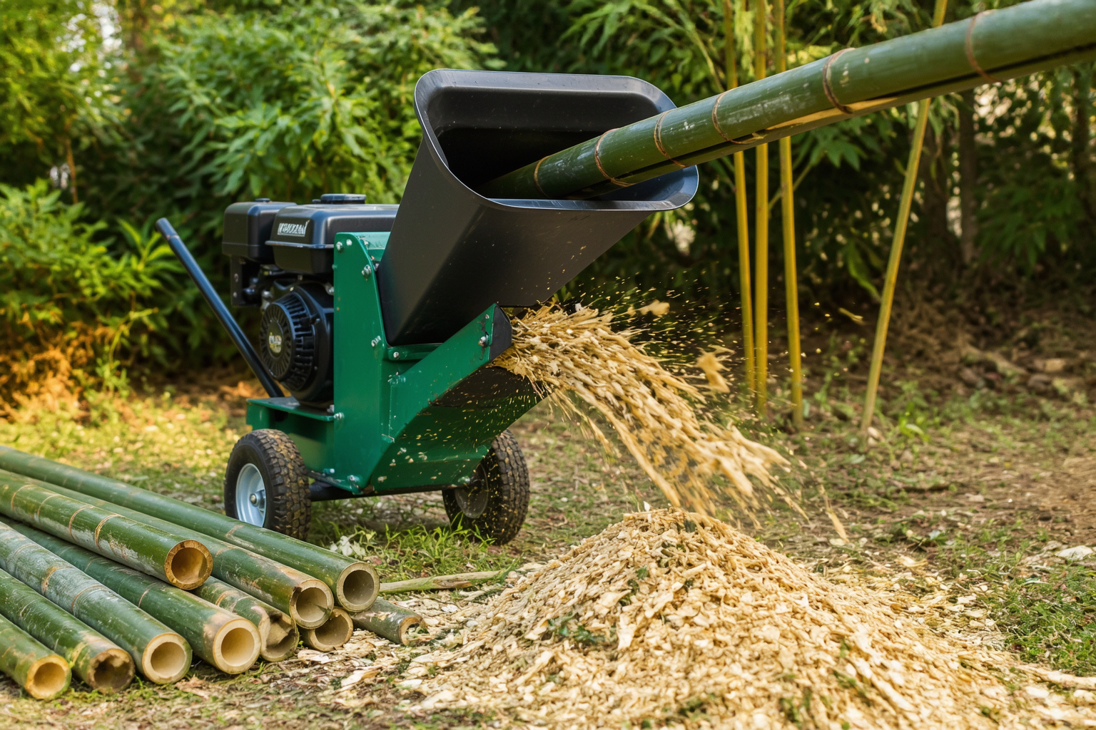A wood chipper processing bamboo culms into mulch chips