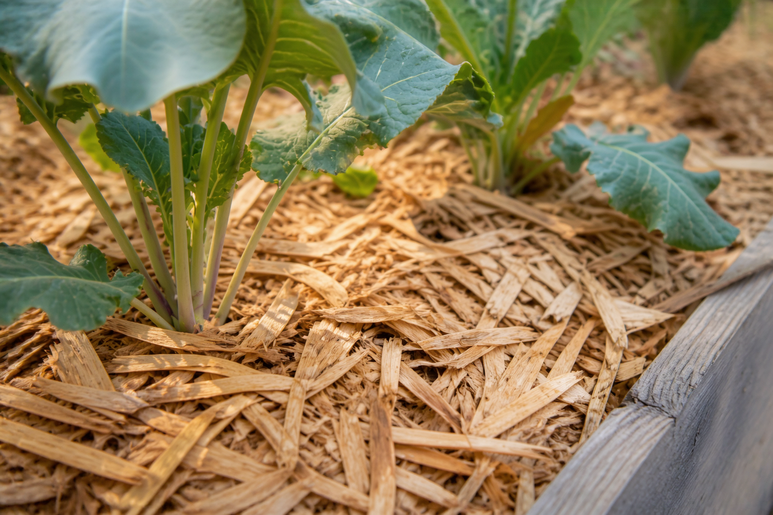 A thick layer of bamboo leaf mulch around vegetable plants