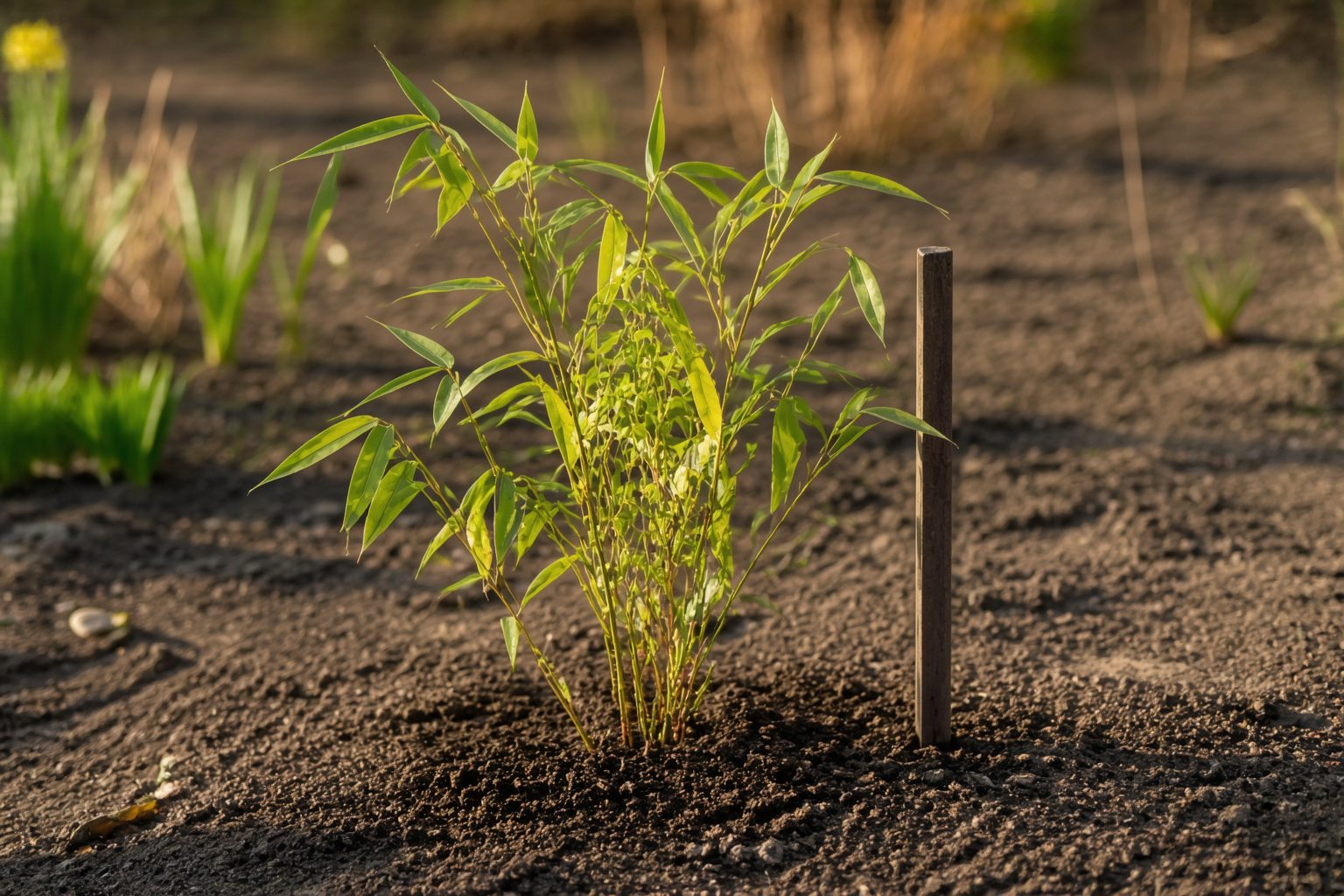 A newly planted dwarf bamboo specimen showing modest first-year height