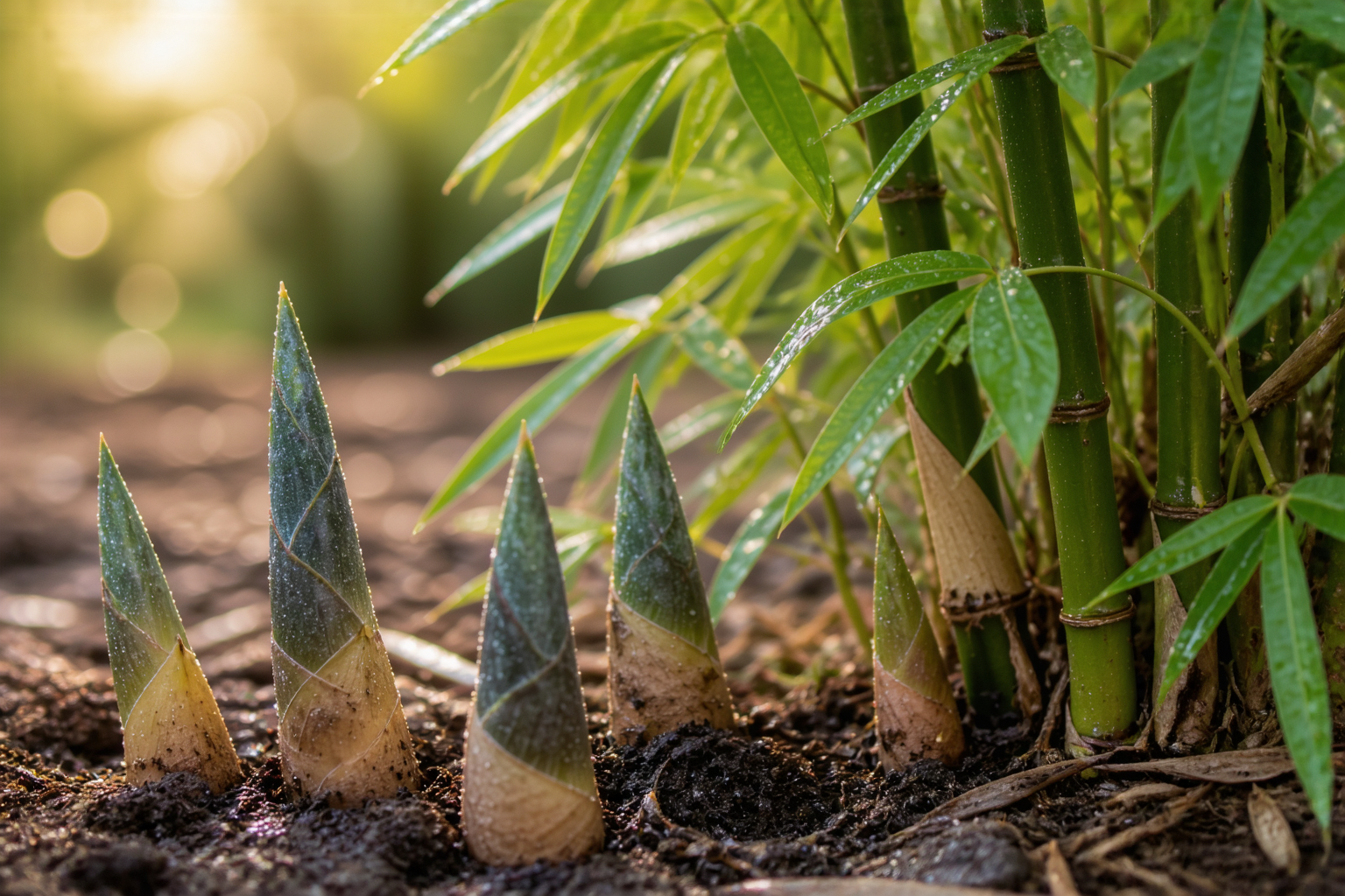 Young bamboo shoots emerging from soil beside an established clump