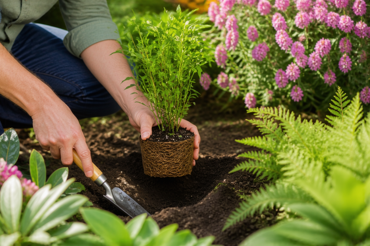 Planting a small potted dwarf bamboo into garden soil in spring