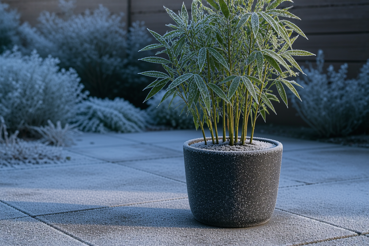 A potted bamboo plant exposed to frost on a winter patio