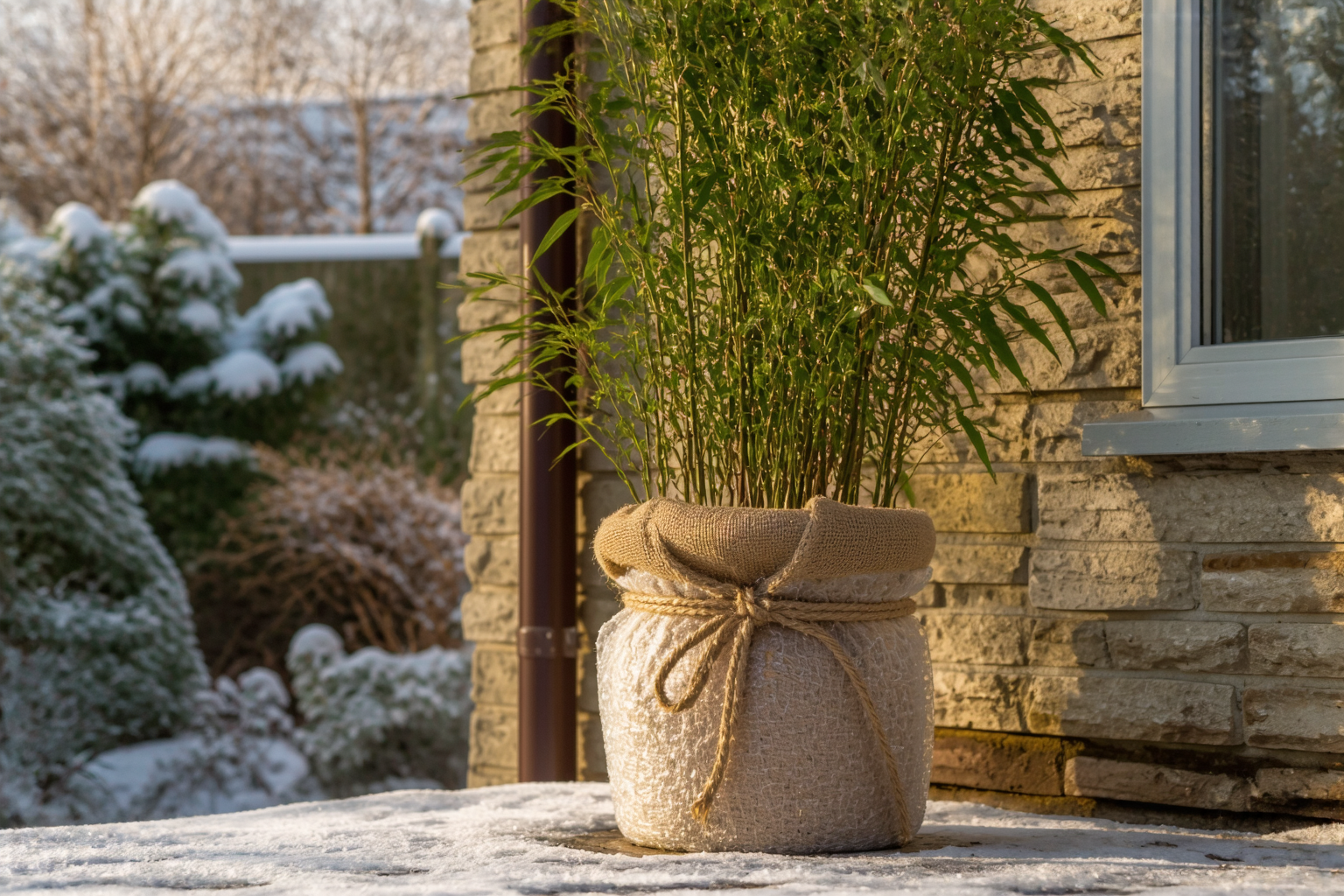A potted bamboo plant wrapped in burlap and bubble wrap for winter insulation
