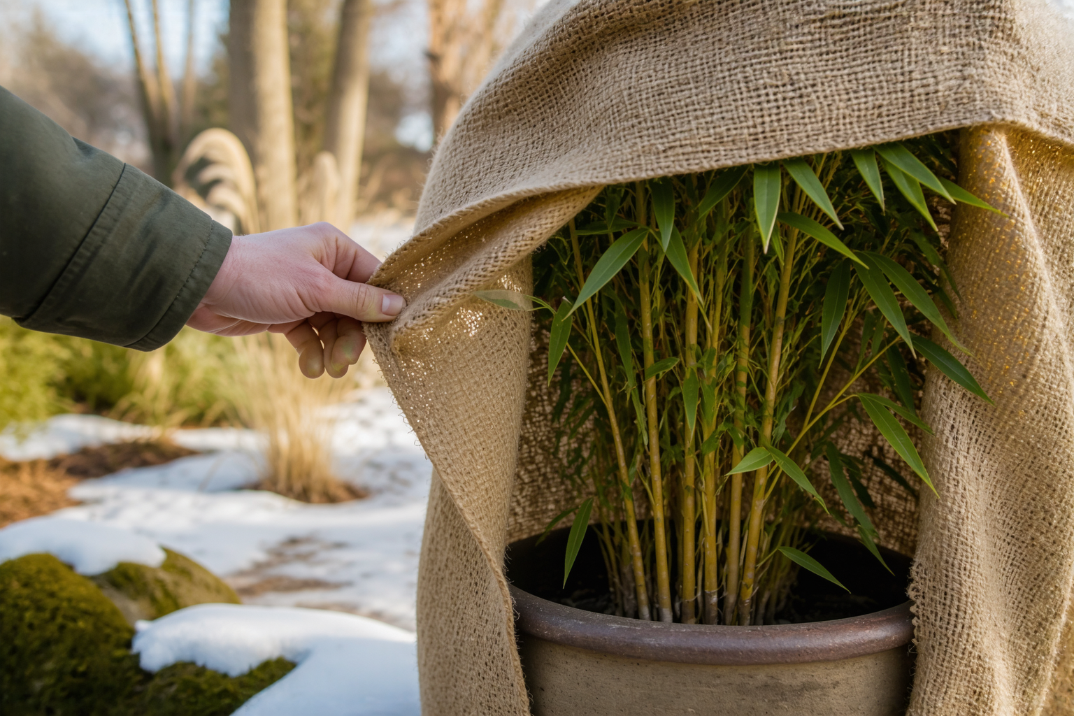 Checking on a burlap-wrapped potted bamboo plant in late winter
