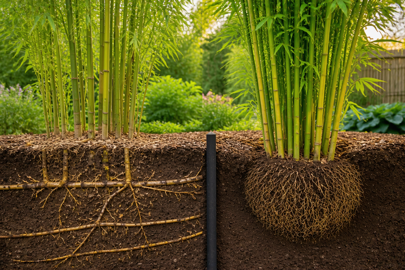 Running bamboo rhizome barrier compared with a compact clumping bamboo root ball