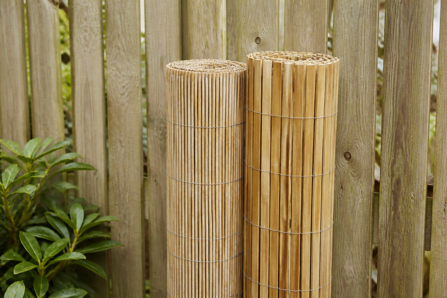 Rolled reed screening and rolled bamboo screening panels stood side by side against a fence