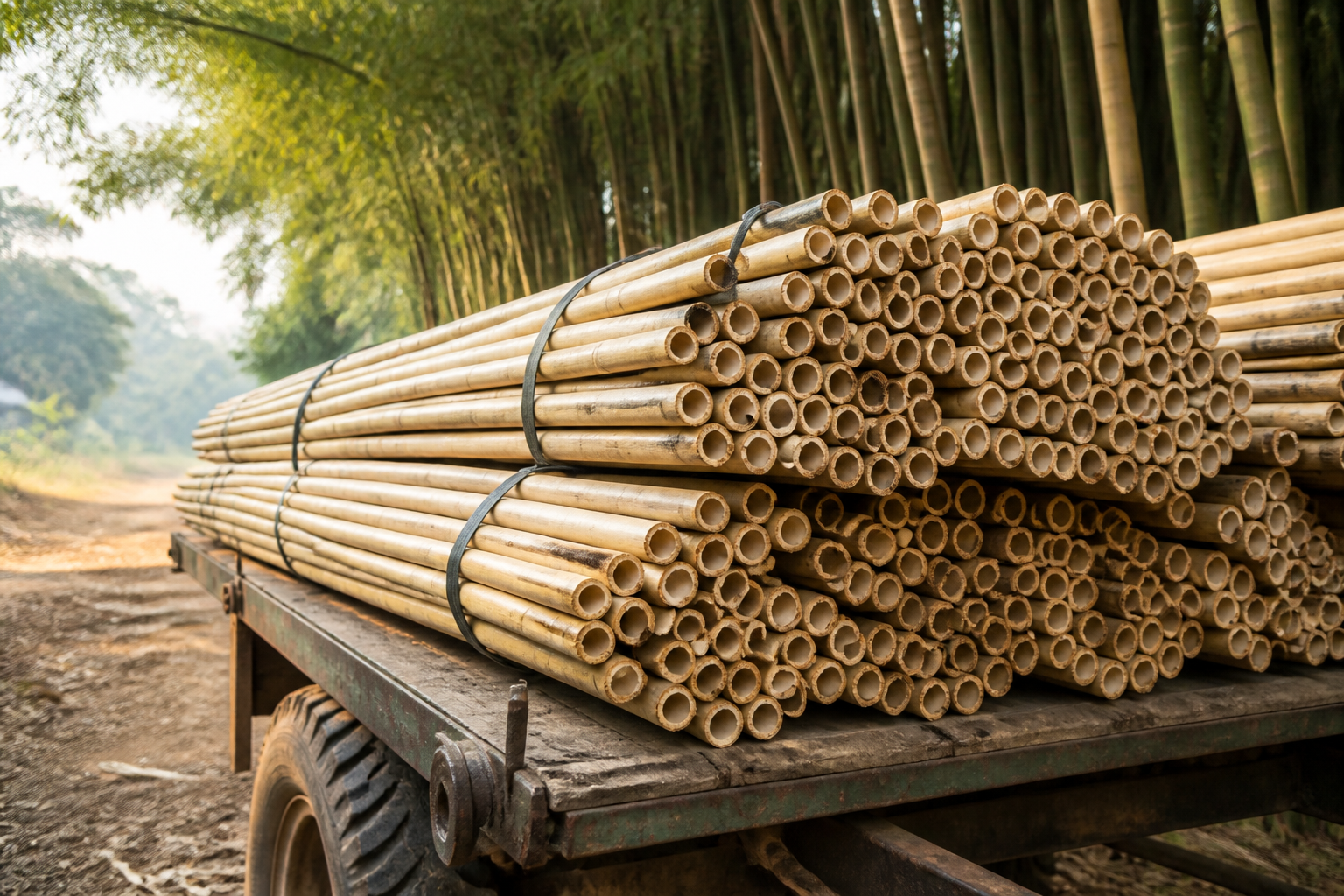 Cut and cured bamboo poles bundled and stacked on a trailer ready for sale